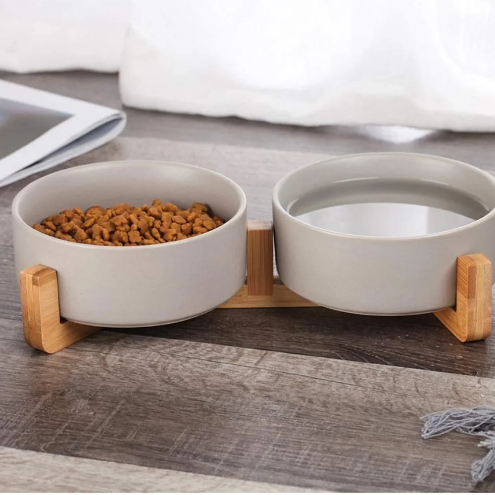 HCHLQLZ Grey Ceramic Cat Dog Bowl Dish with Wood Stand No Spill Pet Food Water